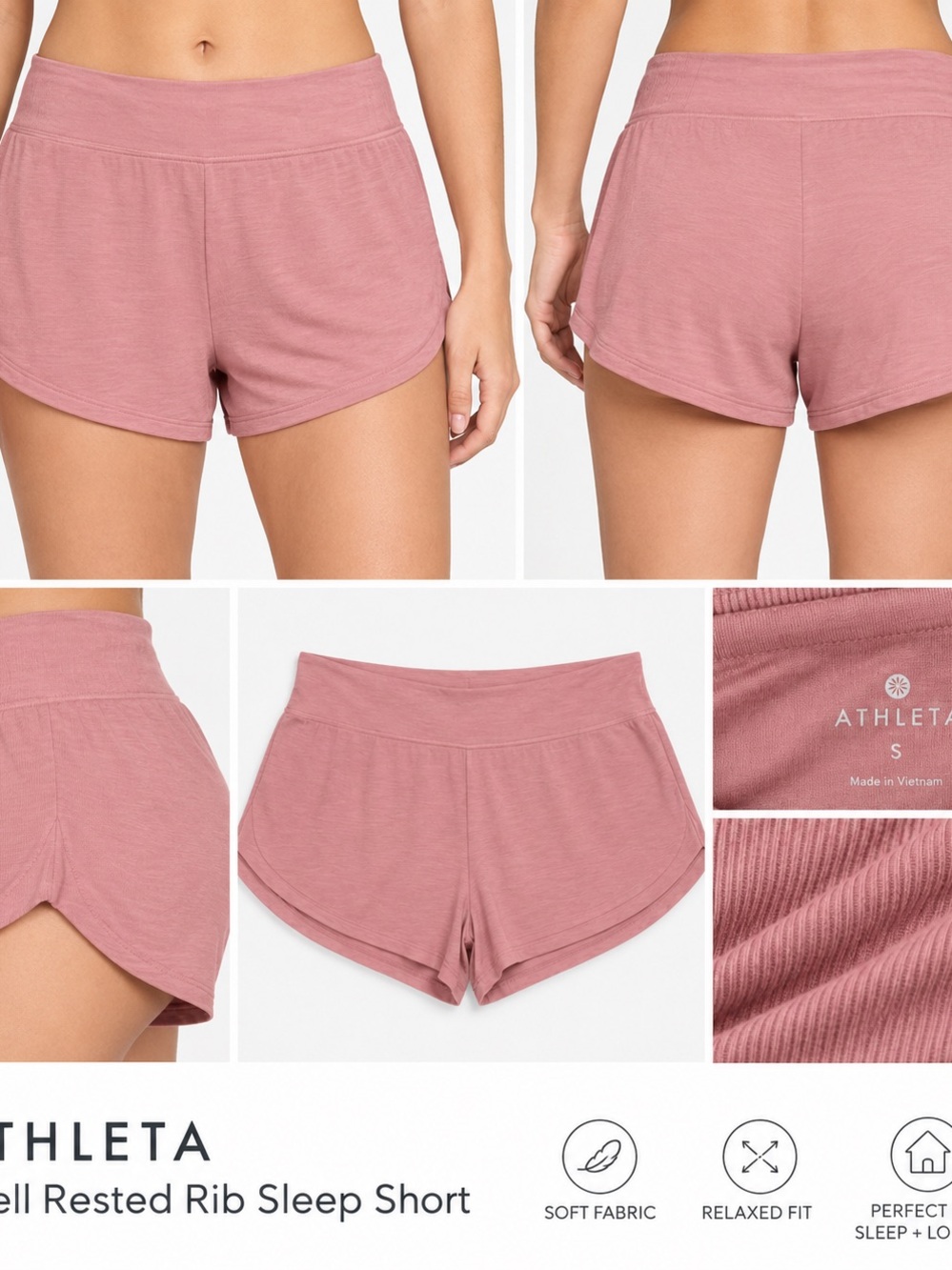 Athleta Well Rested Pink Ribbed Sleep Shorts NWT $34